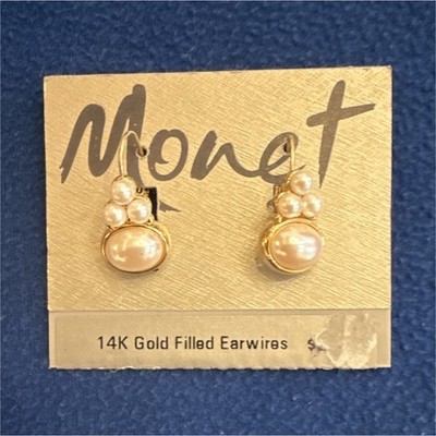 Monet 14K Gold Filled Imitation Pearl Dangle Hook Earrings MPN 34866