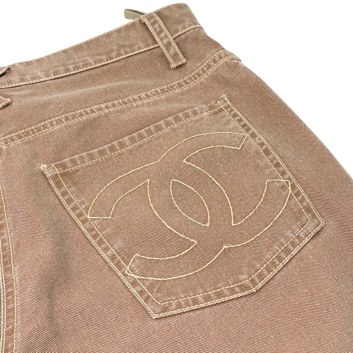 CHANEL Vintage 06P CC Mark Logo Cotton Denim Pants #36 Brown White