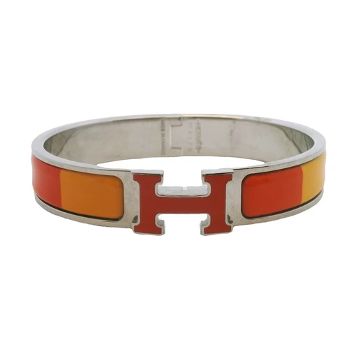 HERMÈS Raro Bracciale Hermes Placcato Palladio Clic H Arancione Giallo Girevole Cerniera