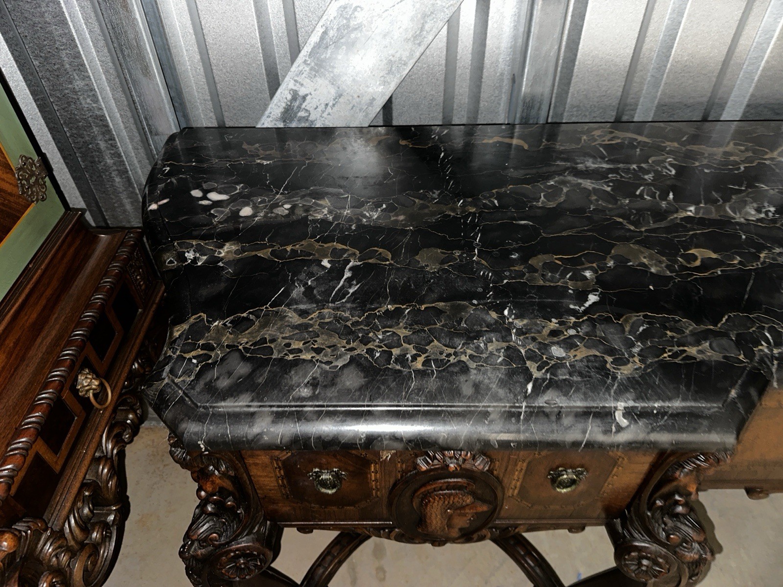 Antique Estate Walnut Black White Vein Marble Top Figural Sideboard Server