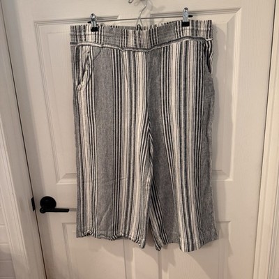 Time & Tru Womens Cropped Pants Size XL Linen Blend Striped Baggy Wide Leg Beach