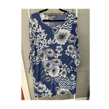 SLS Blue White Floral Shift Dress Round Neck 3/4 Bell Sleeve Ruffle Boho