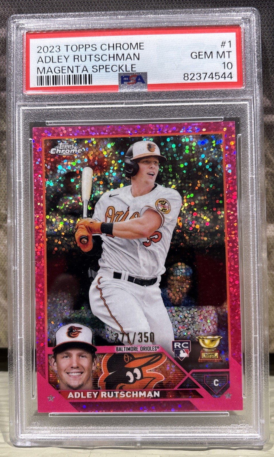 ADLEY RUTSCHMAN 2023 TOPPS CHROME MAGENTA SPECKLE RC #1 #308/350 PSA 10 GEM MT
