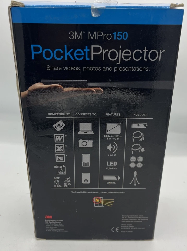 3M MPro 150 Compact Portable 1 GB LED Pocket Projector Black, 8” - 50” Display - Image 3 of 3