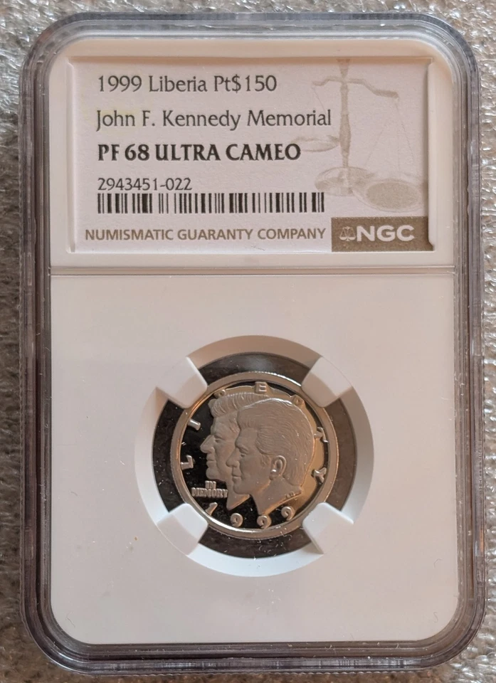 Platinum 1999 $150 Liberia ~ NGC PF68 UC ~ In Memory John F Kennedy ~ 1/4 oz JFK - Image 2 of 4
