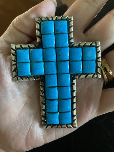 Custom Made Turquoise And Sterling Silver Cross. Designers Stamp On The Back.