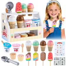Mini Wooden Ice Cream Toys for Kids Pretend Play Kitchen Food Toys, Counter S...