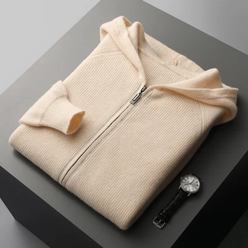 Cardigan uomo puro cashmere con cappuccio autunno maglia giacca maglione spesso tempo libero - Foto 4 di 27