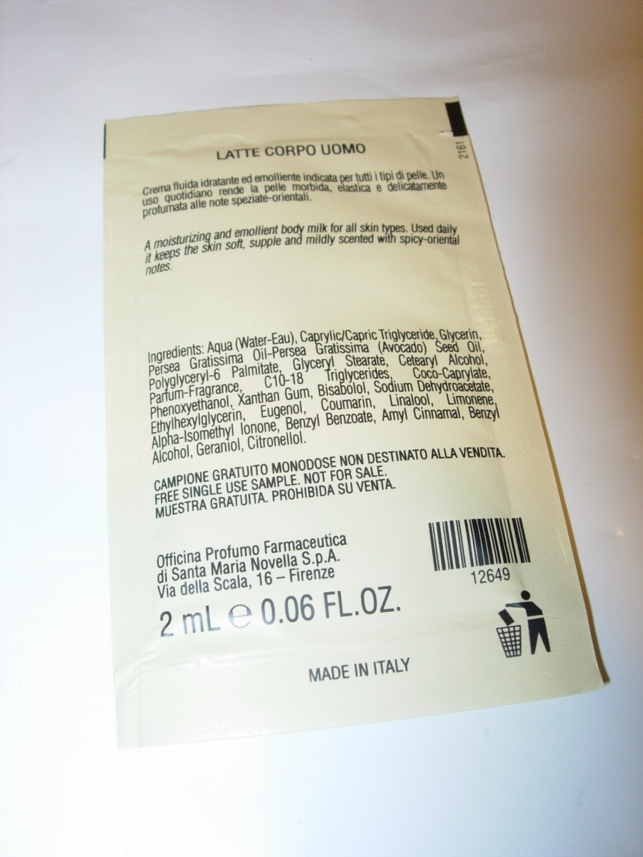 S M NOVELLA SM SANTA MARIA 2 ML SAMPLE LATTE CORPO UOMO MENS DRY