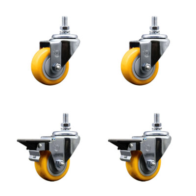 3 Inch Yellow Polyurethane 10MM Threaded Stem Caster Set 2 Brakes SCC