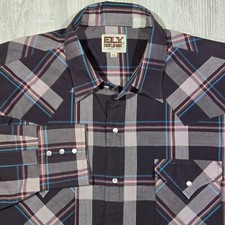 Men's Vtg Ely Cattleman Black Gray Blue Plaid Pearl Snap Western Shirt - XL