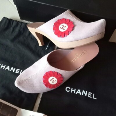 靴 CHANEL coco mark leather mules baby pink CHANEL COCO MARK Flower Heel Sandals Mules Pumps Sabo Shoes Women