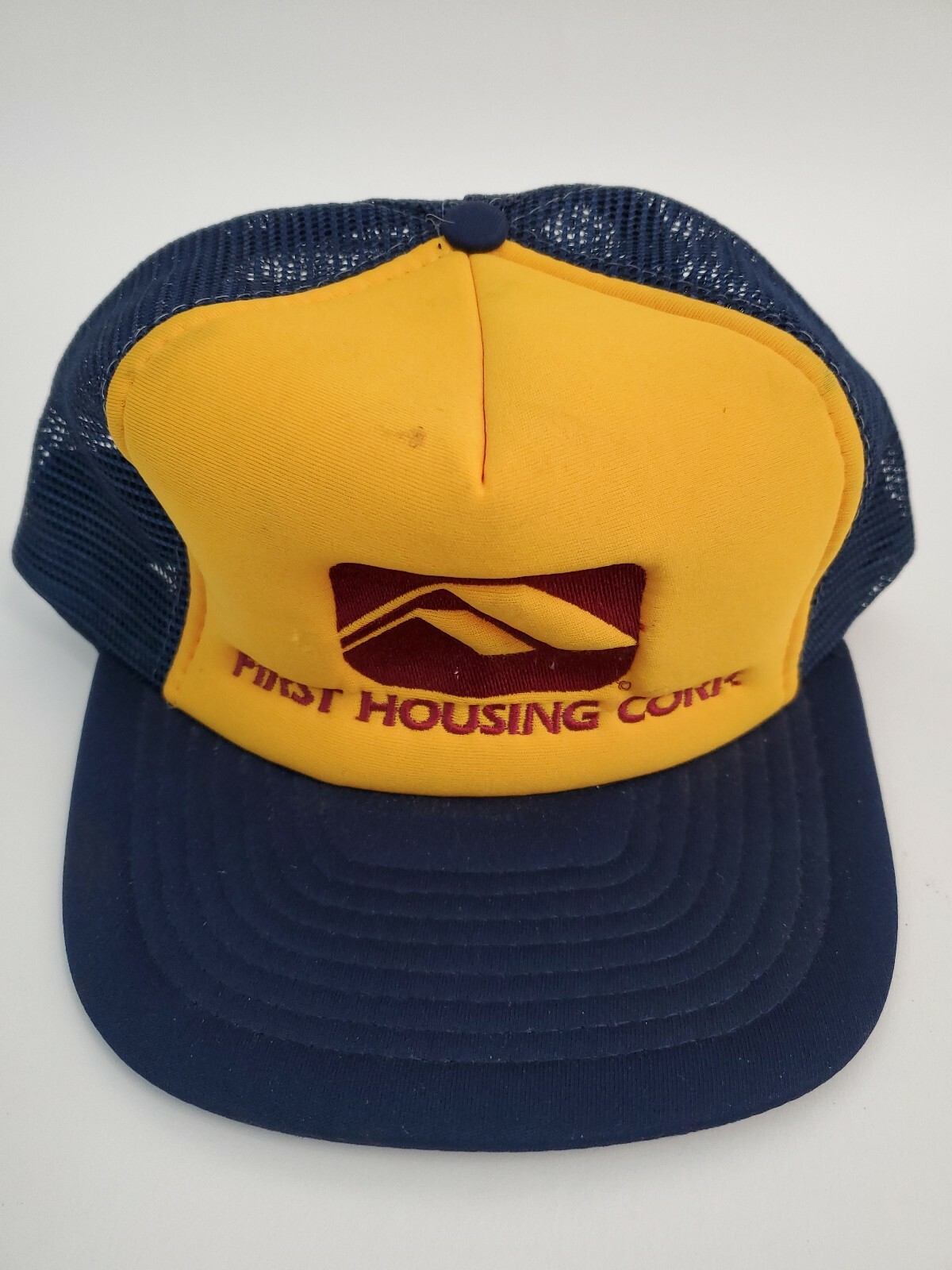 Trucker Hat Adjustable Mesh SnapBack First Housing Corp Blue Yellow Distressed