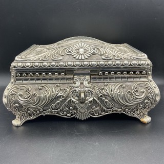 Large Silver Tone Baroque Jewellery Box With Velvet Interior And Brush CP#8705