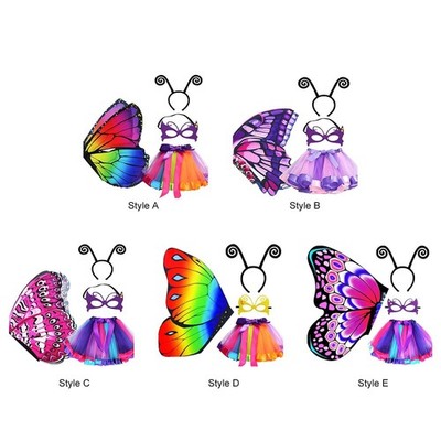 4x Mädchen Fee Kostüm Set Regenbogen Tutu Kleid Schmetterlingsflügel Kinder Prinzessin