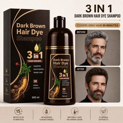 Gray Hair Dye Shampoo 3in1 Instant Dark Brown Coverage First Use Fast 500ml