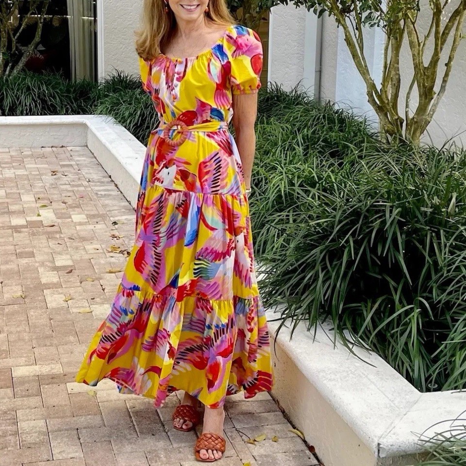 Farm Rio Dress Size XS Macaws Neon Maxi Fit & Flare Belted Summer Party