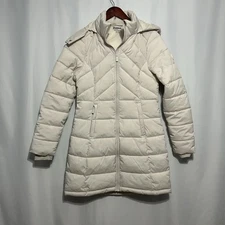 Bench Women's Full Zip Long Puffer Jacket Sz Xs Cream NWT Removable Hood