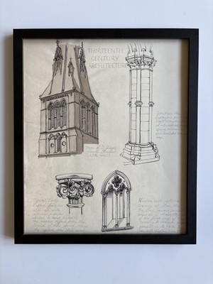 Antike gerahmte gotische Architekturzeichnung 13. Jh. Kirchturm Säulen Maßwerk