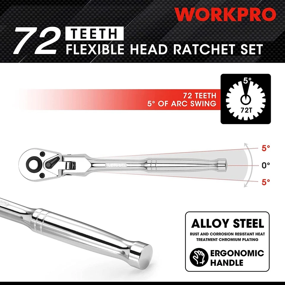 WORKPRO 1/2"/1/4''/3/8''Drive Flex Head Ratchet 72-Tooth Ratchet Alloy Steel NEW - Image 4 of 4