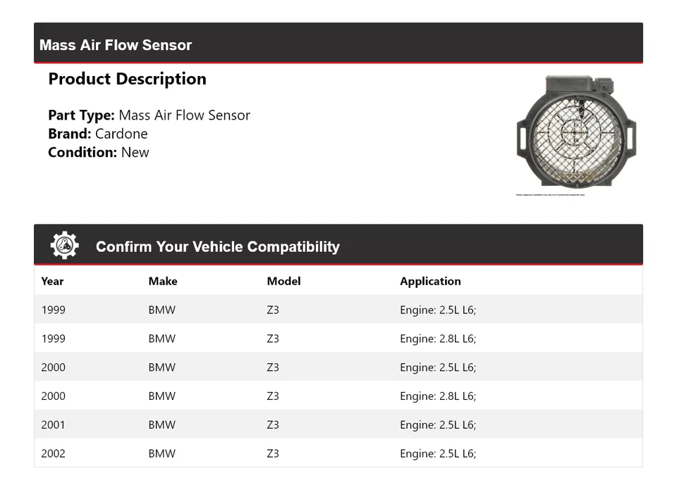 Sensor de flujo de masa de aire Cardone 2000 2001 para BMW Z3 1999-2002 Foto 2 de 4