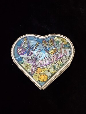 Stain Glass Heart Jewelry  Box Hand Painted Amia Studios Silver Tone Rope Edge