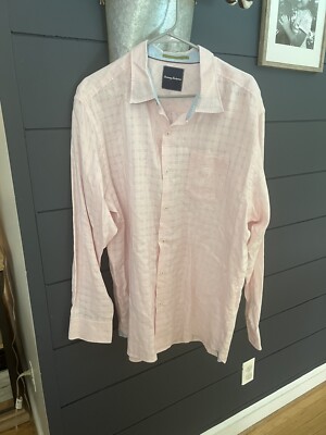 Tommy Bahama Linen-Blend Long Sleeve Button Up Shirt Mens XL Pink Plaid