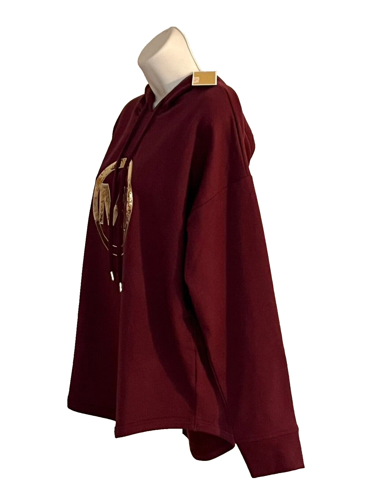 Nuovo! Felpa con cappuccio Michael Kors donna S Merlot paillettes oro logo MK manica lunga prezzo al dettaglio consigliato $98
