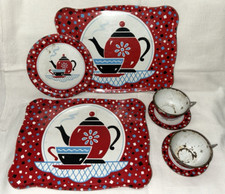 Antique OHIO ART 7 Piece TIN LITHO Toy Dishes Set TEA POT Teapot Design