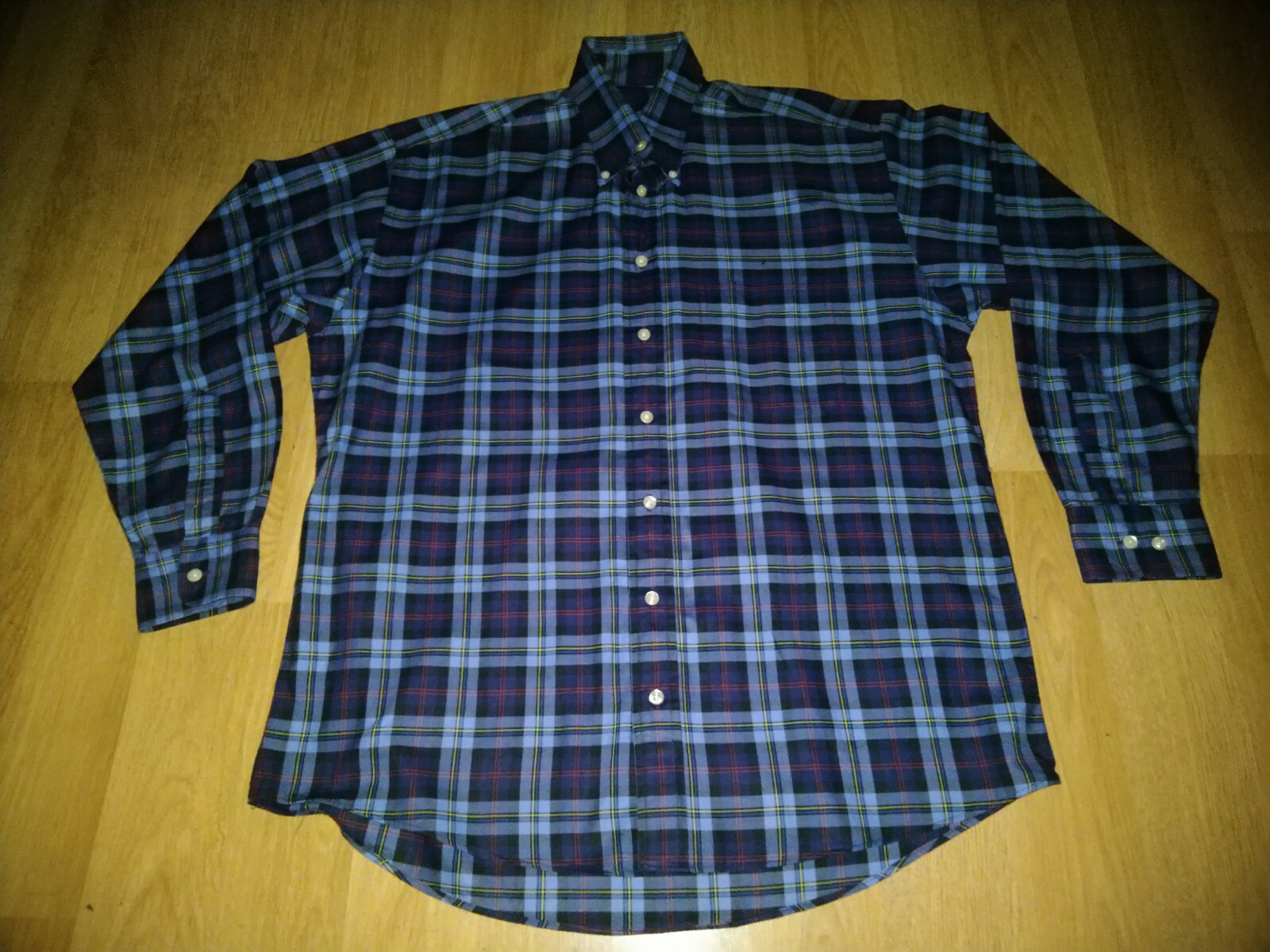 Vtg Burberry London plaid button up shirt in navy, red, and blue with white cuff and placket buttons, Sz L Made in USA.