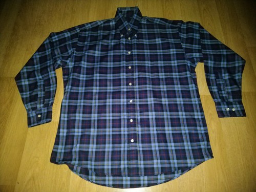 Vtg Burberry London plaid button up shirt in navy, red, and blue with white cuff and placket buttons, Sz L Made in USA.