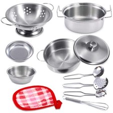 Kitchen Playset Pretend Cookware Mini Stainless Steel Cooking Utensils Toys