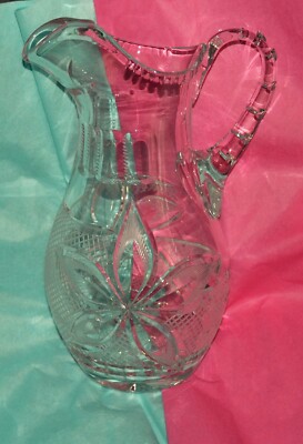 VTG Leaded Crystal Pitcher Hand Cut Etched Grids & Flowers 11  Tall