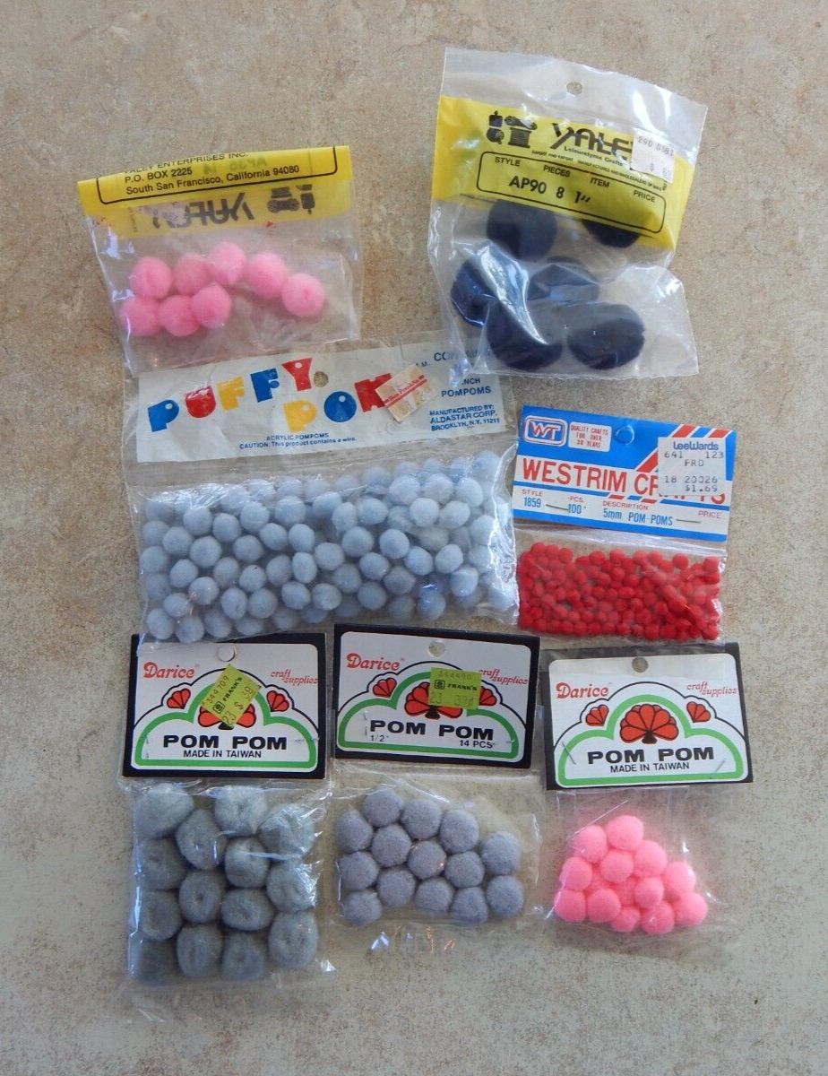 New Multibrand Vintage Pom Poms Multicolor Pink Red Gray Black