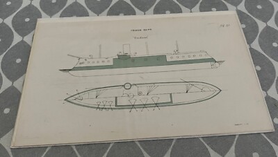 Antique Print French Ships, Trident  Engraving 1887 Victorian ￼