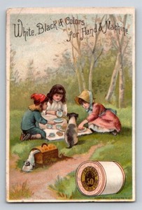 J P Coats Sewing Thread 1890s Trade Card Children Dog Picnic 2.5 x 4