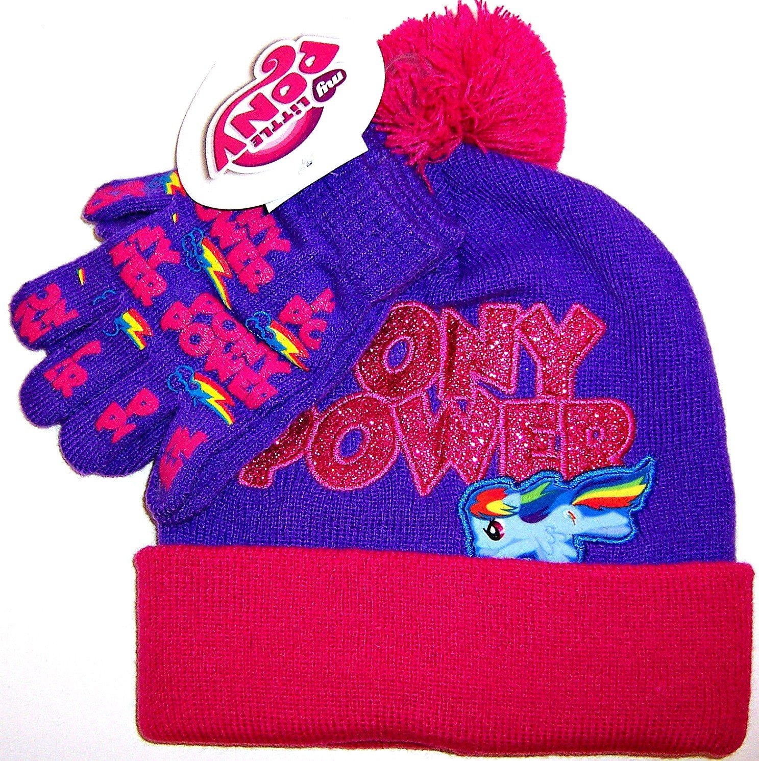 Cappello e guanti My Little Pony Pony Power rosa ricamato pom berretto Nuovo!