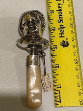 1899 English Sterling Silver figural baby rattle  mother of pearl teether 4.5  