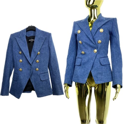 Verify Certified Balmain Paris Double Breasted Blazer Jacket in Blue Size 34 - Picture 1 of 20
