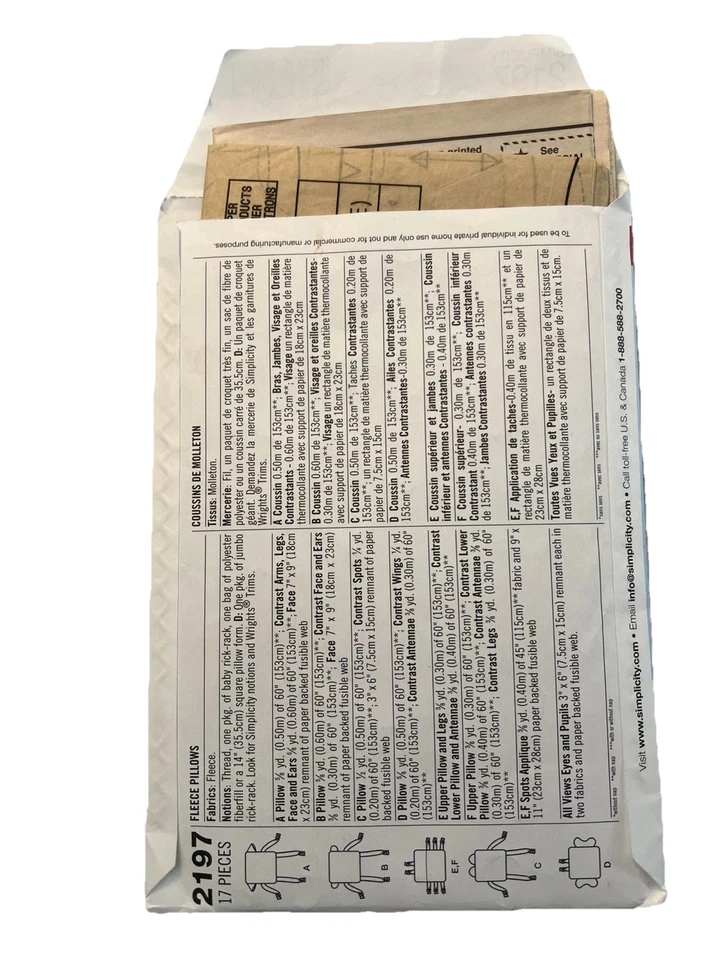 Simplicity Sewing Craft Pattern 2197 Square Fleece Animal Nap Pillows 6 Styles - Image 2 of 2