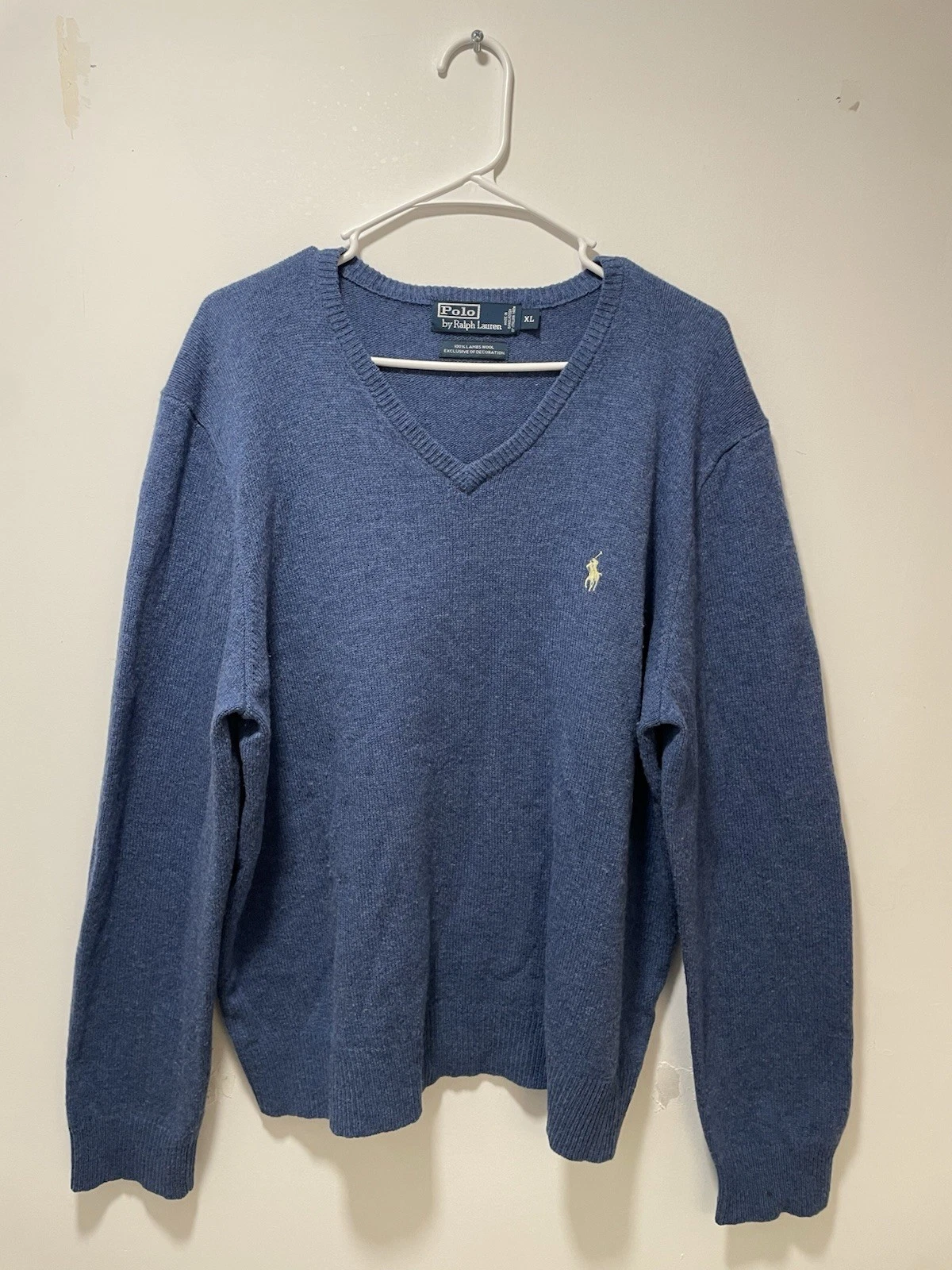 Polo Ralph Lauren Men’s Blue Lambs Wool V-Neck Pullover Sweater XL Knit