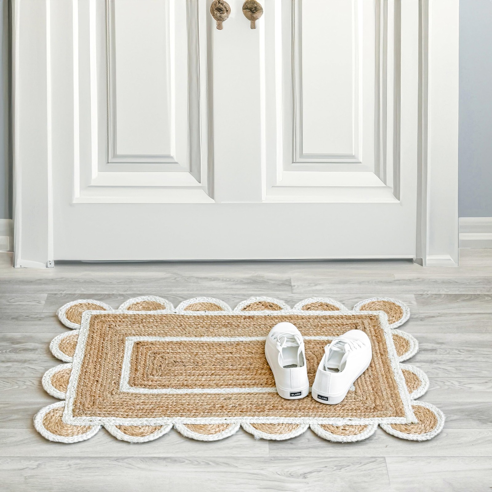 Scalloped Natural Jute Area Rug, Natural Base Off White Trim, 2x3 thumbnail 3