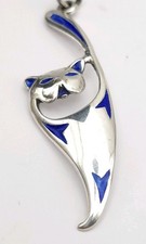 Silver Enamel Cat Pendant Blue Sterling Modernist Vintage Jewellery 
