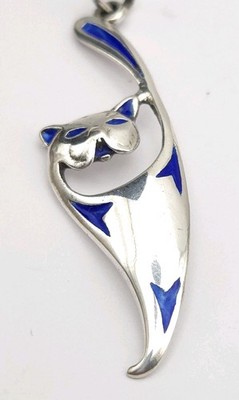 Silber Emaille Katze Anhänger Blau Sterling Modernist Vintage Schmuck 