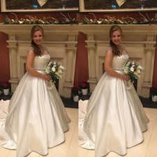 Luxury Wedding Dresses Boat Neck Rhinestone A Line Satin Sweep Train Bridal Gown