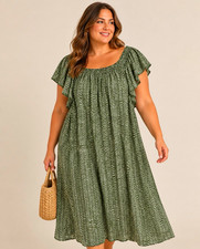 Primark Green Geometric Smock Midi Dress Square Neck Flutter Sleeve UK 18