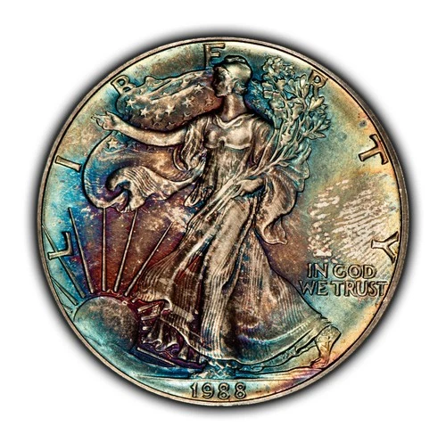 1988 1 oz Silver American Eagle - PQ Rainbow Toning - PCGS MS 67 - SKU-E3508