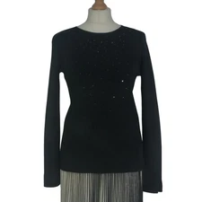 SO SWEET Womens Beaded Jumper Black Round Neck Stretch Sweater Long Sleeves UK S