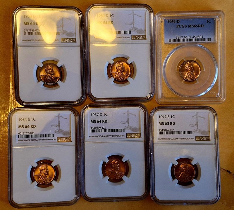 Lots # 6 Certifique Coin Wheat Cents, MS66-MS64-MS63-MS65-1938-1954-1957-59,42