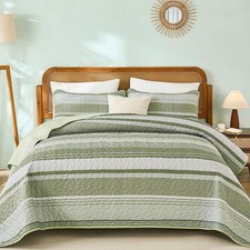 King Size Boho Striped Quilt Set, 3-Piece Sage Green Bedding, Soft Microfiber Co